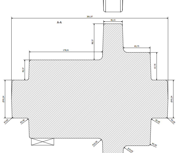 Cropped technical drawing of the casting blank for the transmission frame