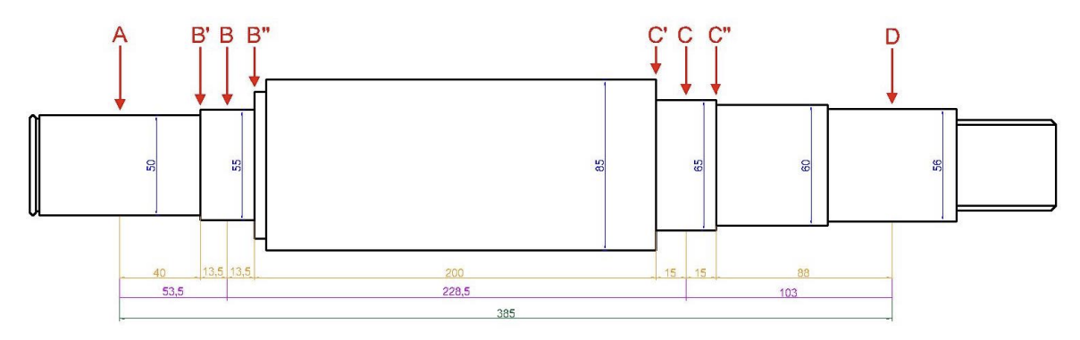 Transmission shaft with critical sections B and C labelled